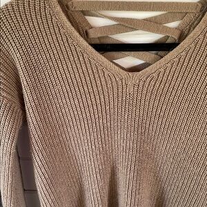 Poof! Tan V-Neck Sweater Ribbed Knit Cozy